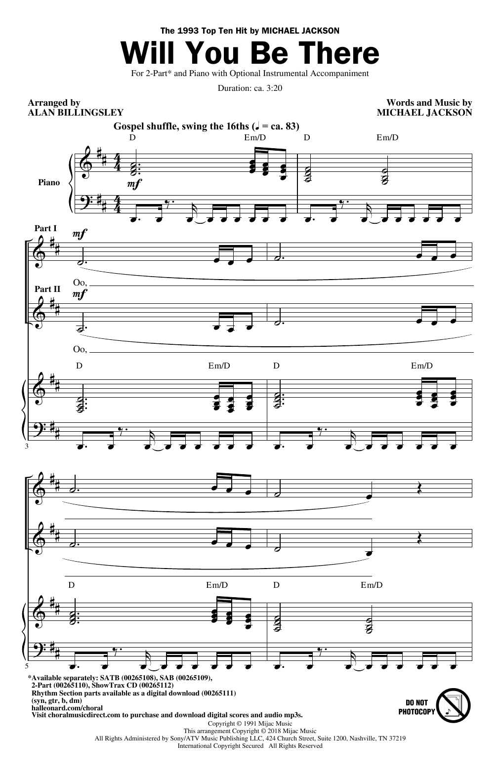 Download Michael Jackson Will You Be There (arr. Alan Billingsley) Sheet Music and learn how to play 2-Part Choir PDF digital score in minutes