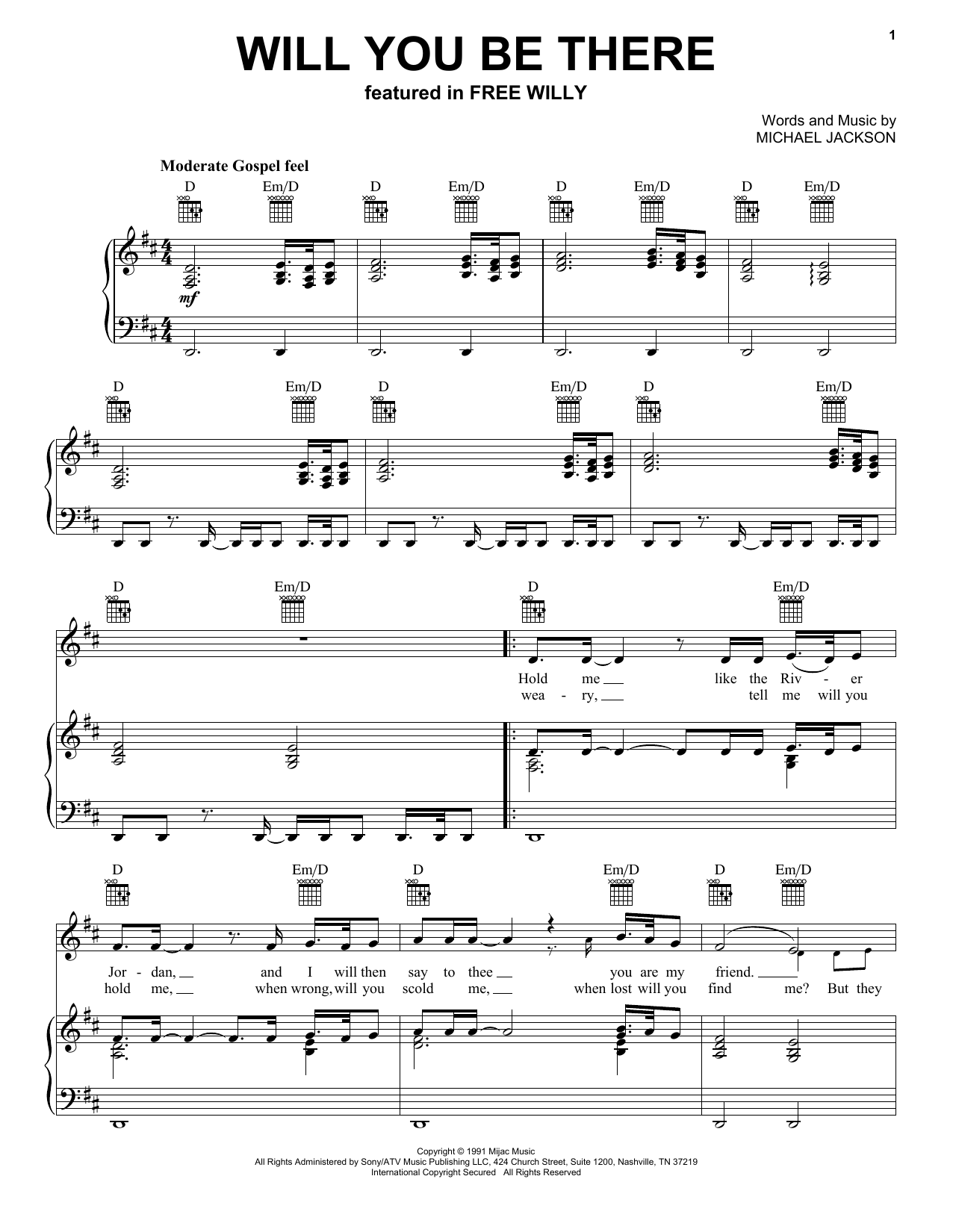 Download Michael Jackson Will You Be There (Theme from Free Willy) Sheet Music and learn how to play Piano, Vocal & Guitar Chords (Right-Hand Melody) PDF digital score in minutes