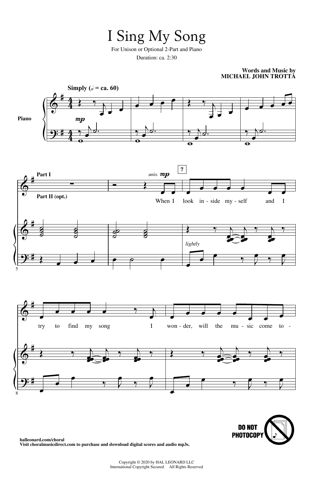 Download Michael John Trotta I Sing My Song Sheet Music and learn how to play 2-Part Choir PDF digital score in minutes