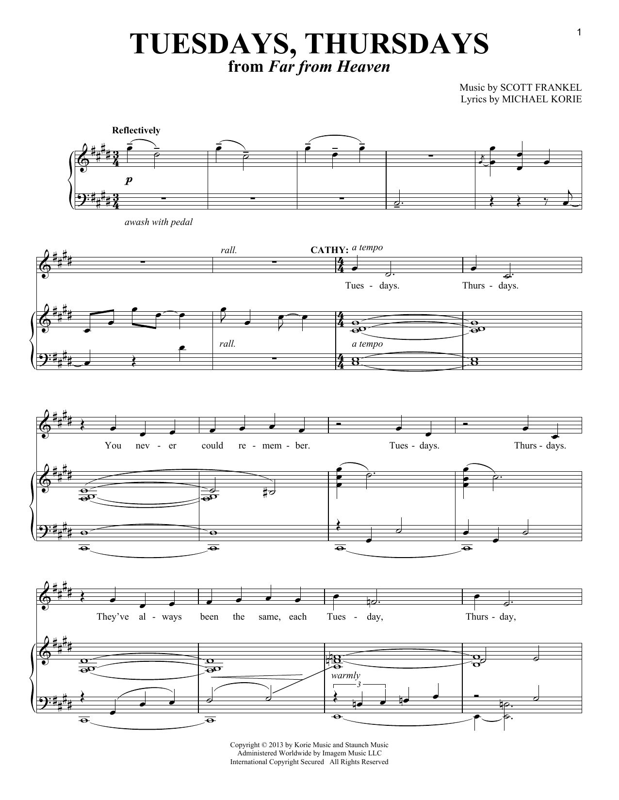Download Michael Korie Tuesdays, Thursdays Sheet Music and learn how to play Piano & Vocal PDF digital score in minutes