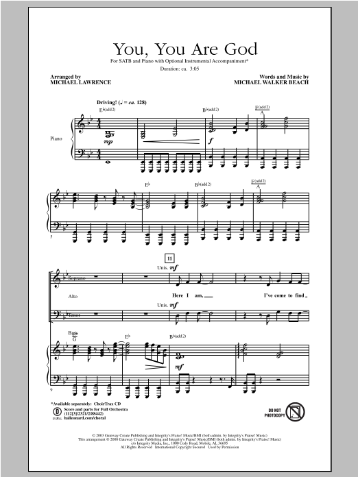 Download Michael Lawrence You, You Are God Sheet Music and learn how to play SATB PDF digital score in minutes