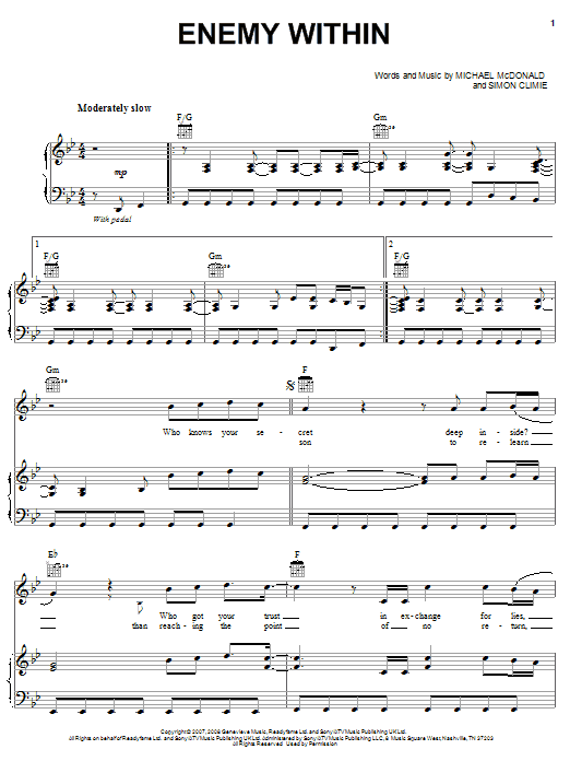 Download Michael McDonald Enemy Within Sheet Music and learn how to play Piano, Vocal & Guitar (Right-Hand Melody) PDF digital score in minutes