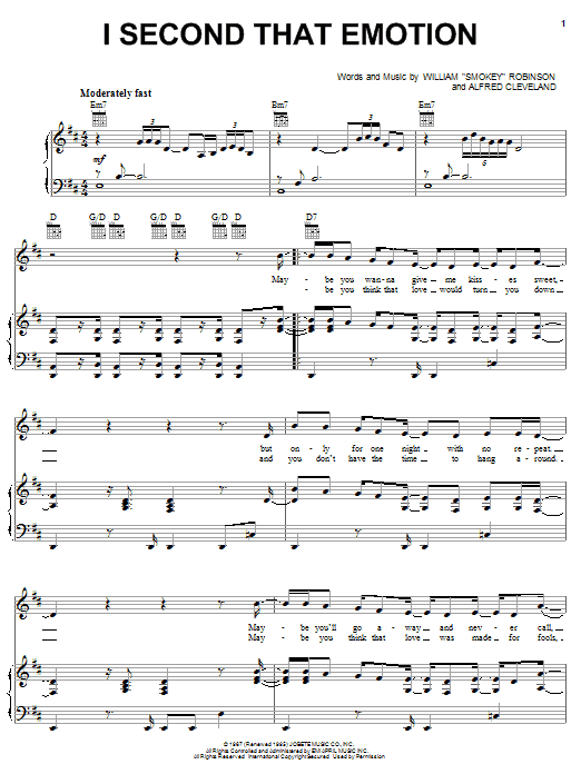 Download Michael McDonald I Second That Emotion Sheet Music and learn how to play Piano, Vocal & Guitar (Right-Hand Melody) PDF digital score in minutes