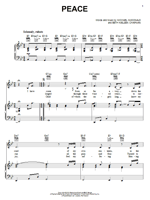 Download Michael McDonald Peace Sheet Music and learn how to play Piano, Vocal & Guitar (Right-Hand Melody) PDF digital score in minutes