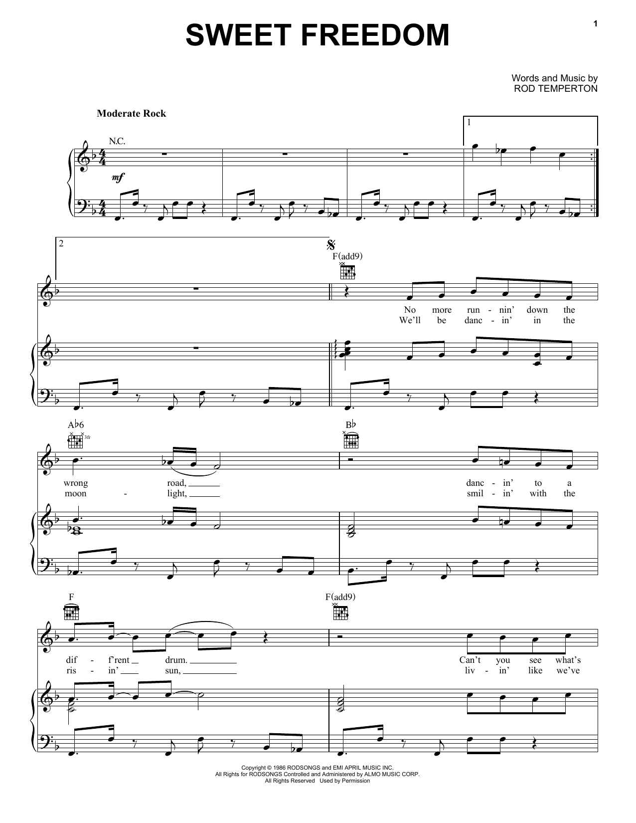 Download Michael McDonald Sweet Freedom Sheet Music and learn how to play Piano, Vocal & Guitar (Right-Hand Melody) PDF digital score in minutes