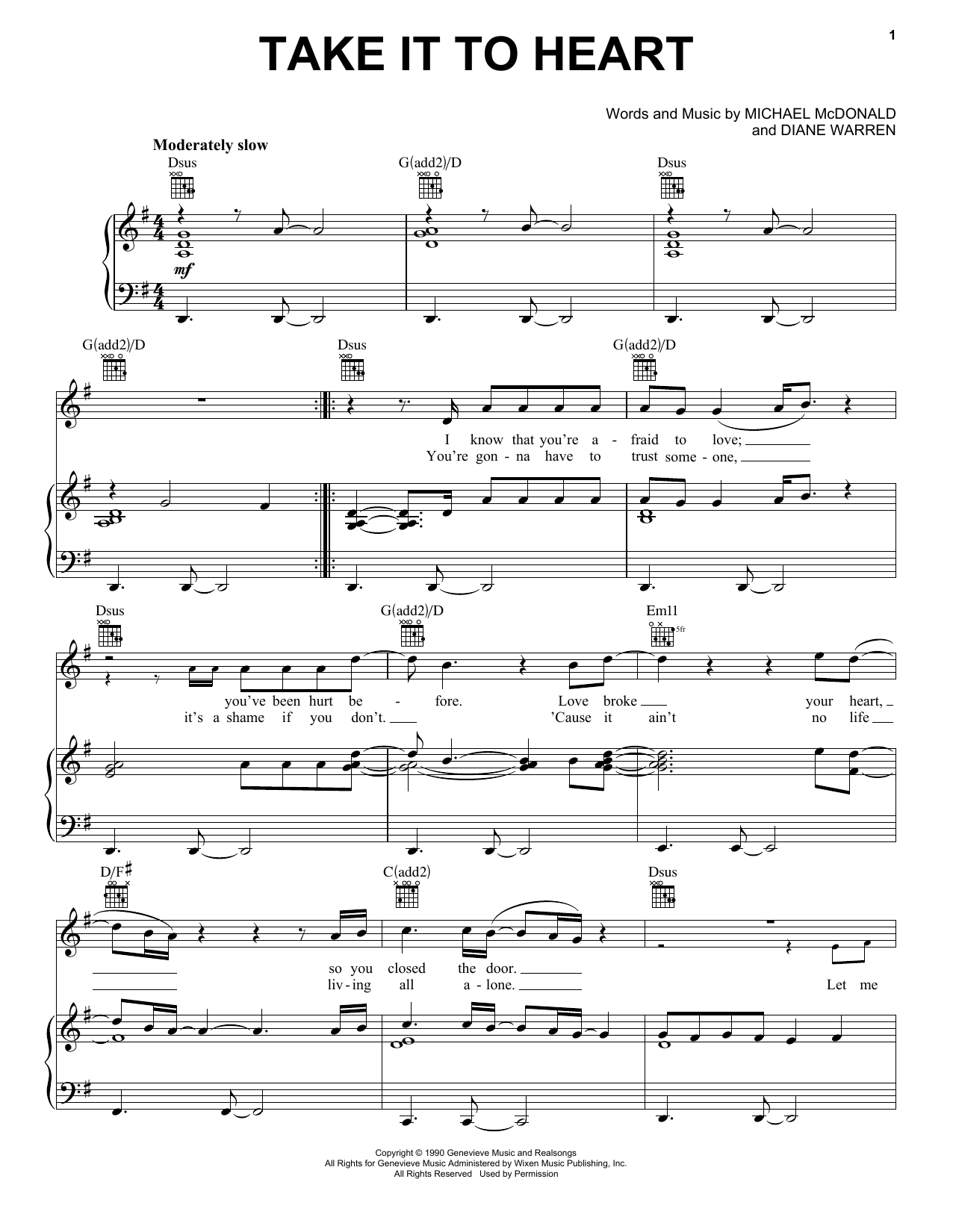 Download Michael McDonald Take It To Heart Sheet Music and learn how to play Piano, Vocal & Guitar (Right-Hand Melody) PDF digital score in minutes