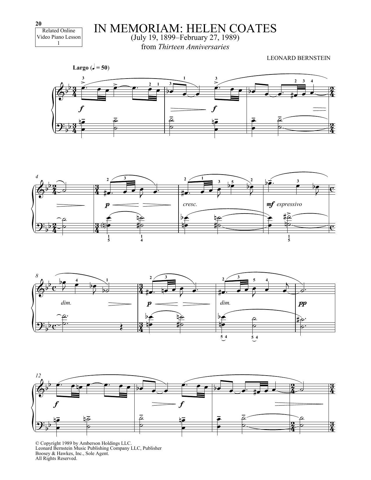 Download Michael Mizrahi In Memoriam: Helen Coates Sheet Music and learn how to play Piano Solo PDF digital score in minutes