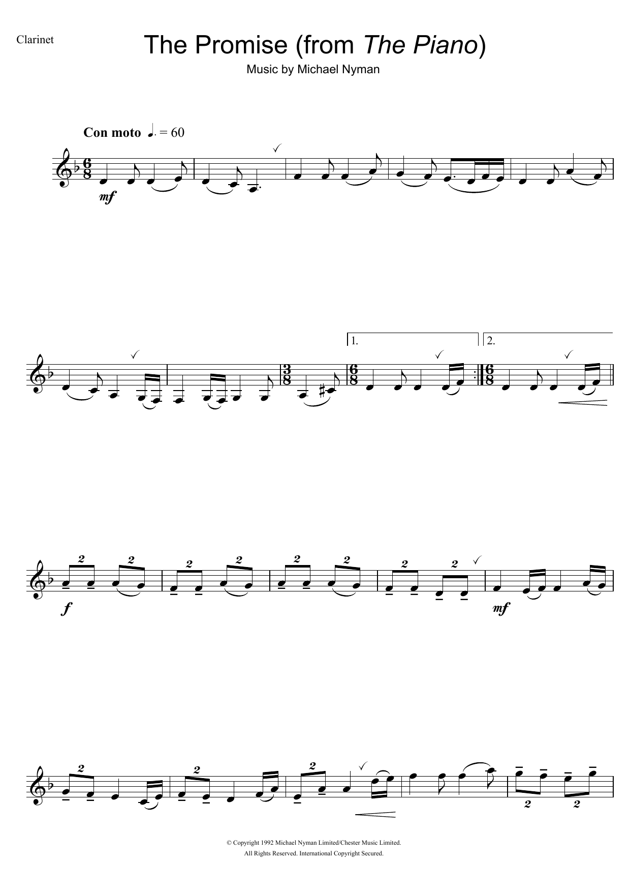 Download Michael Nyman The Promise (from The Piano) Sheet Music and learn how to play Clarinet PDF digital score in minutes
