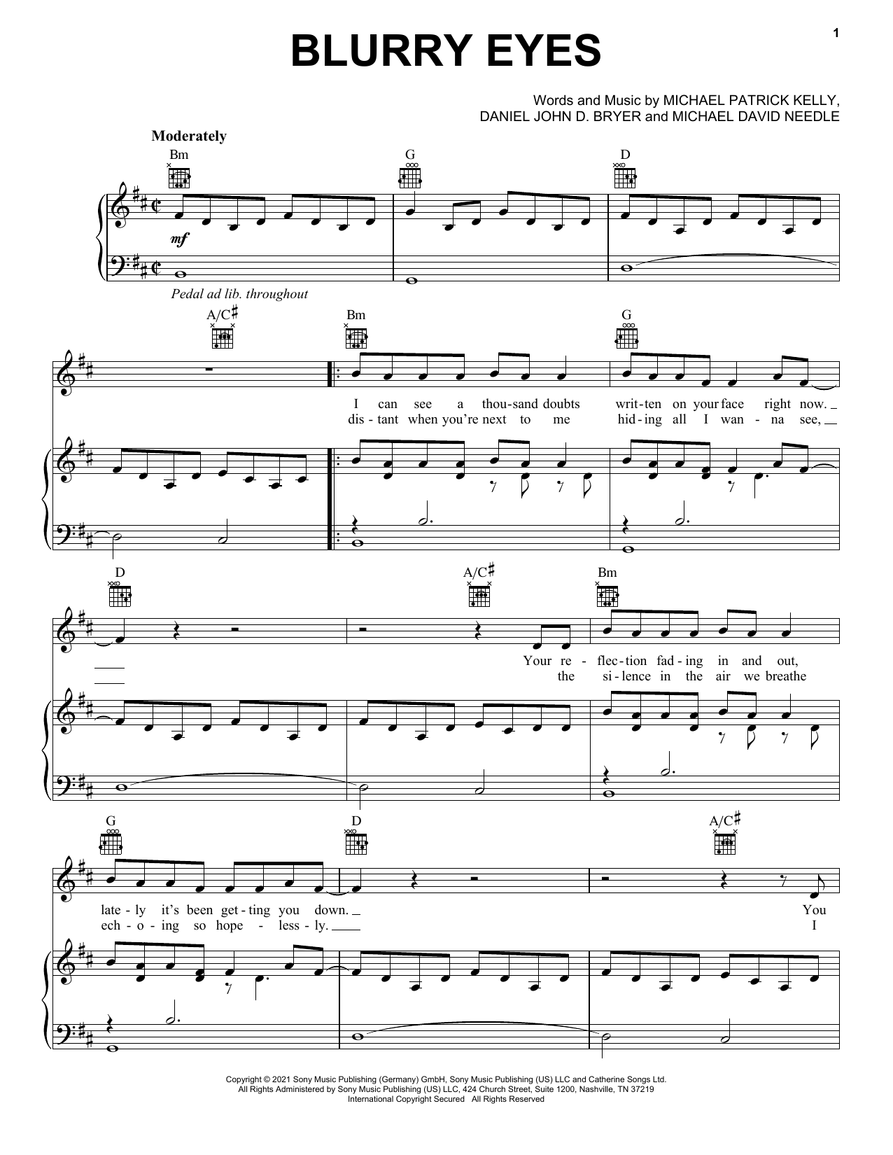 Download Michael Patrick Kelly Blurry Eyes Sheet Music and learn how to play Piano, Vocal & Guitar Chords (Right-Hand Melody) PDF digital score in minutes