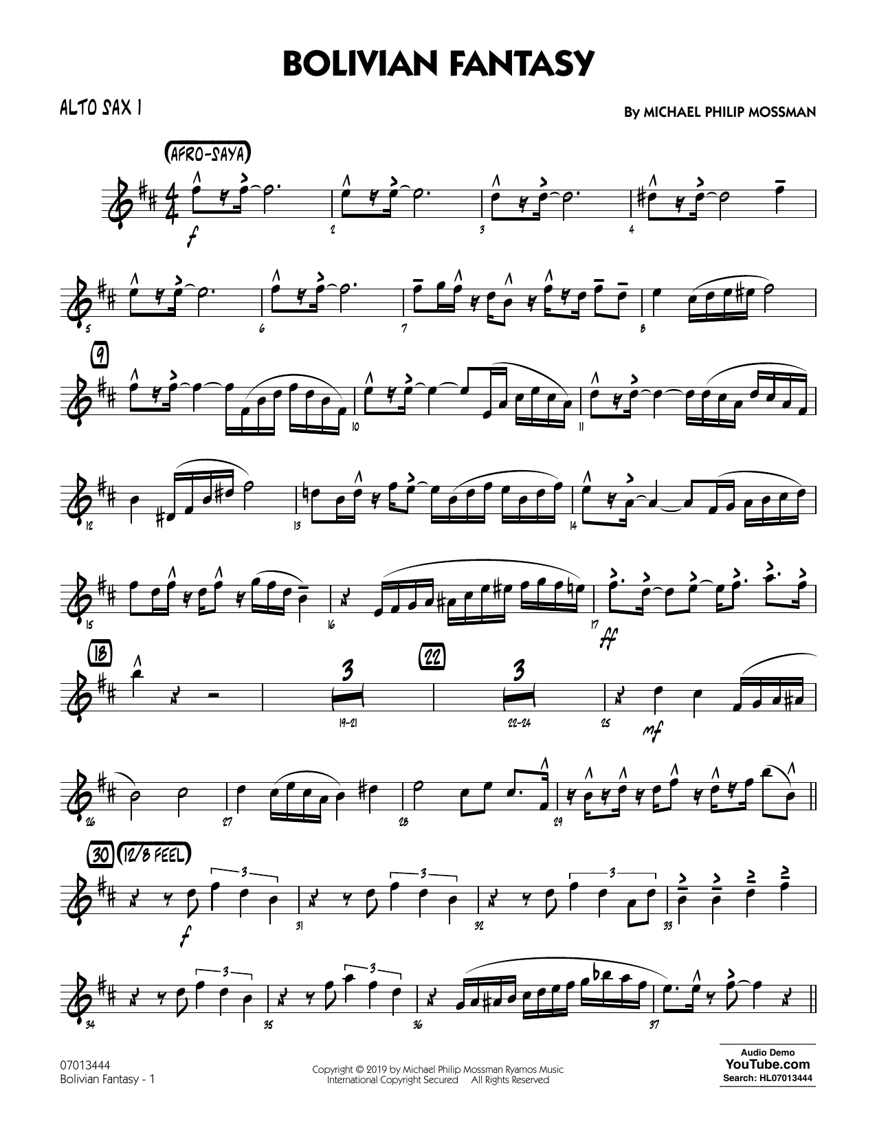 Download Michael Philip Mossman Bolivian Fantasy - Alto Sax 1 Sheet Music and learn how to play Jazz Ensemble PDF digital score in minutes