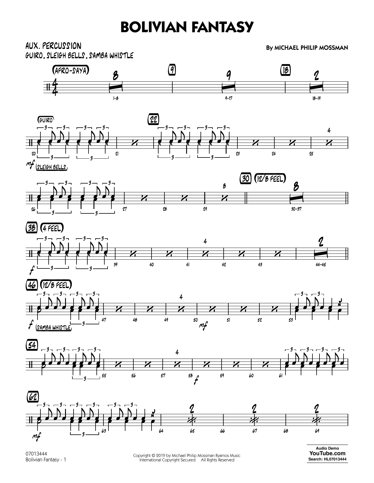 Download Michael Philip Mossman Bolivian Fantasy - Aux Percussion Sheet Music and learn how to play Jazz Ensemble PDF digital score in minutes