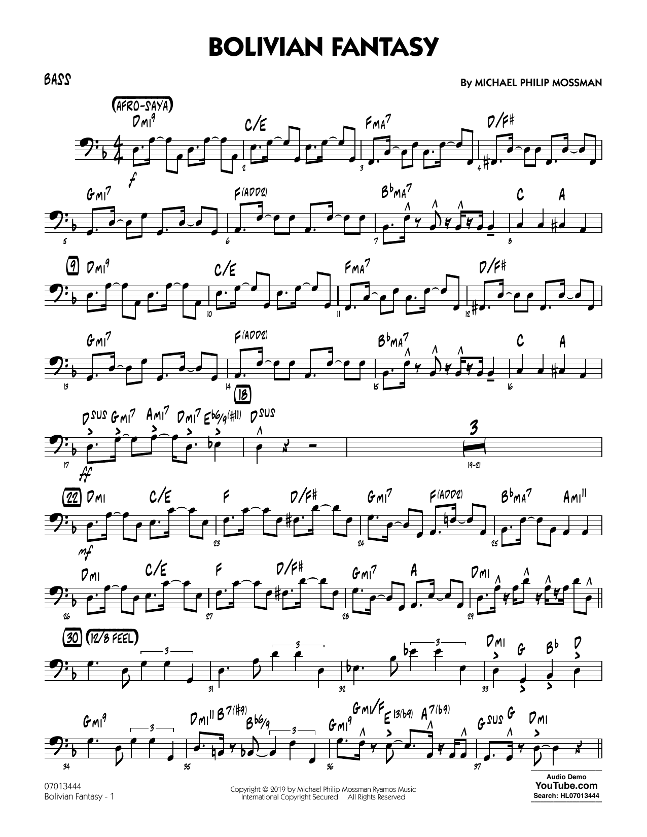 Download Michael Philip Mossman Bolivian Fantasy - Bass Sheet Music and learn how to play Jazz Ensemble PDF digital score in minutes