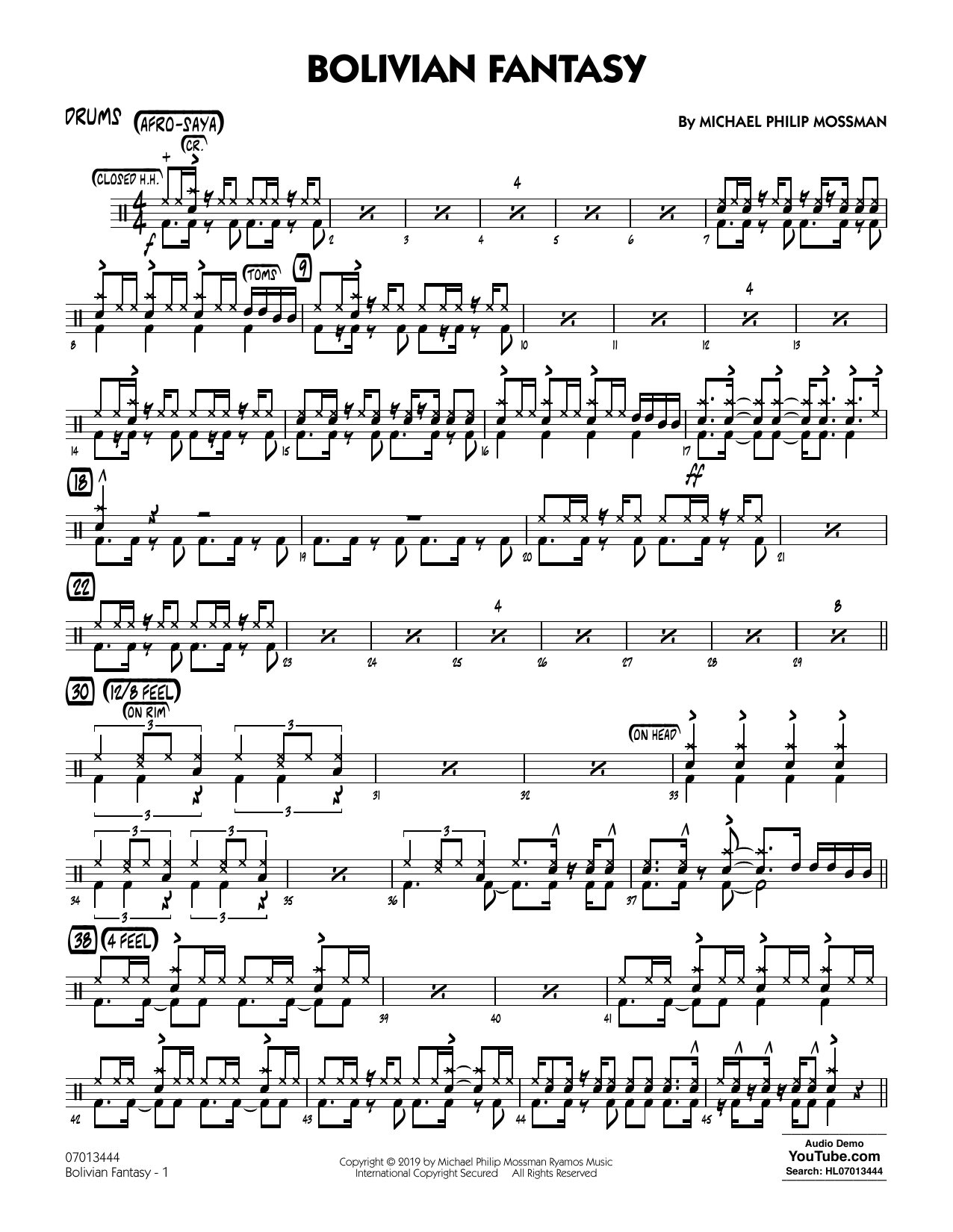 Download Michael Philip Mossman Bolivian Fantasy - Drums Sheet Music and learn how to play Jazz Ensemble PDF digital score in minutes