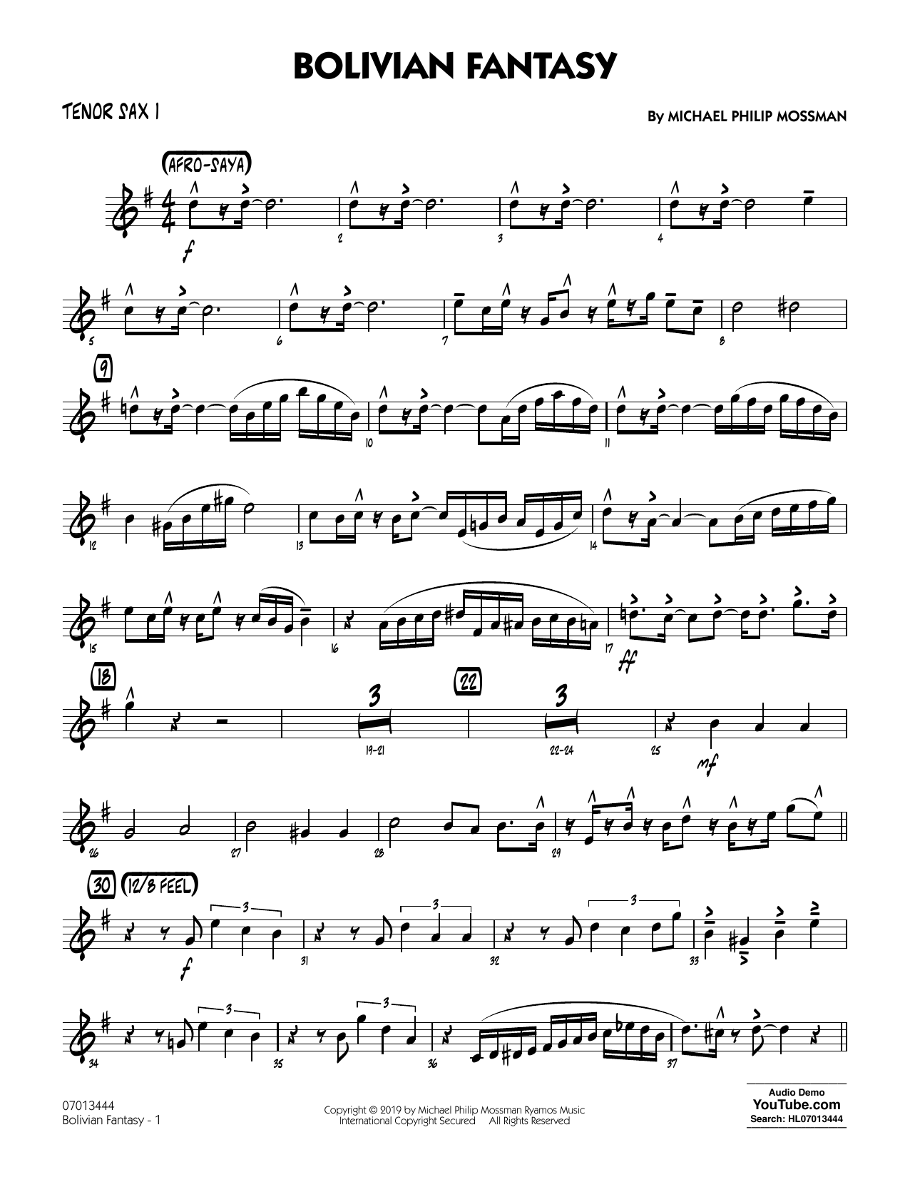 Download Michael Philip Mossman Bolivian Fantasy - Tenor Sax 1 Sheet Music and learn how to play Jazz Ensemble PDF digital score in minutes