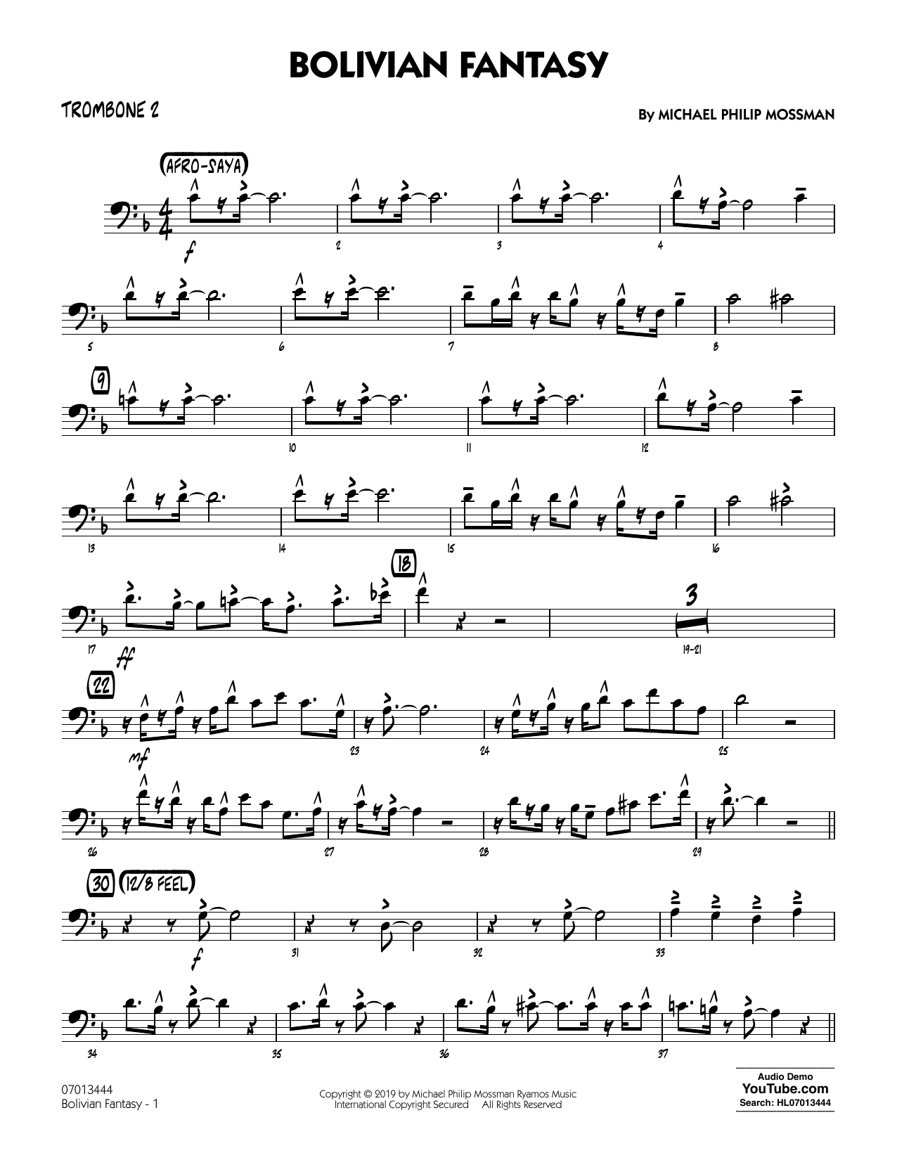 Download Michael Philip Mossman Bolivian Fantasy - Trombone 2 Sheet Music and learn how to play Jazz Ensemble PDF digital score in minutes
