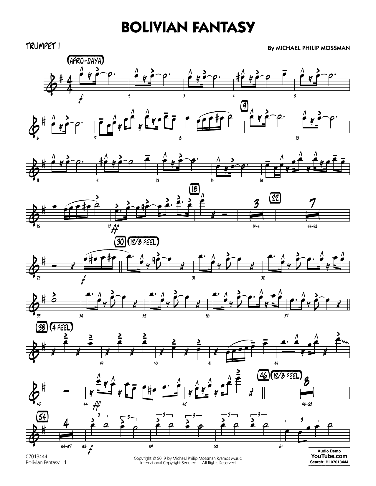 Download Michael Philip Mossman Bolivian Fantasy - Trumpet 1 Sheet Music and learn how to play Jazz Ensemble PDF digital score in minutes