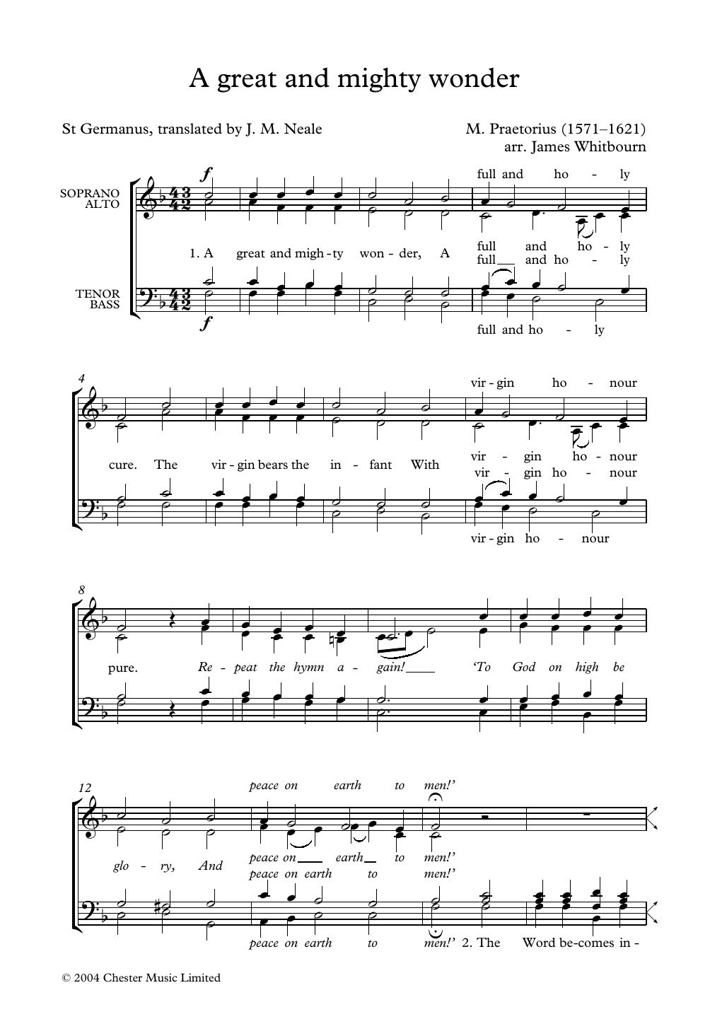 Download Michael Praetorius A Great and Mighty Wonder (arr. James Whitbourn) Sheet Music and learn how to play SATB Choir PDF digital score in minutes