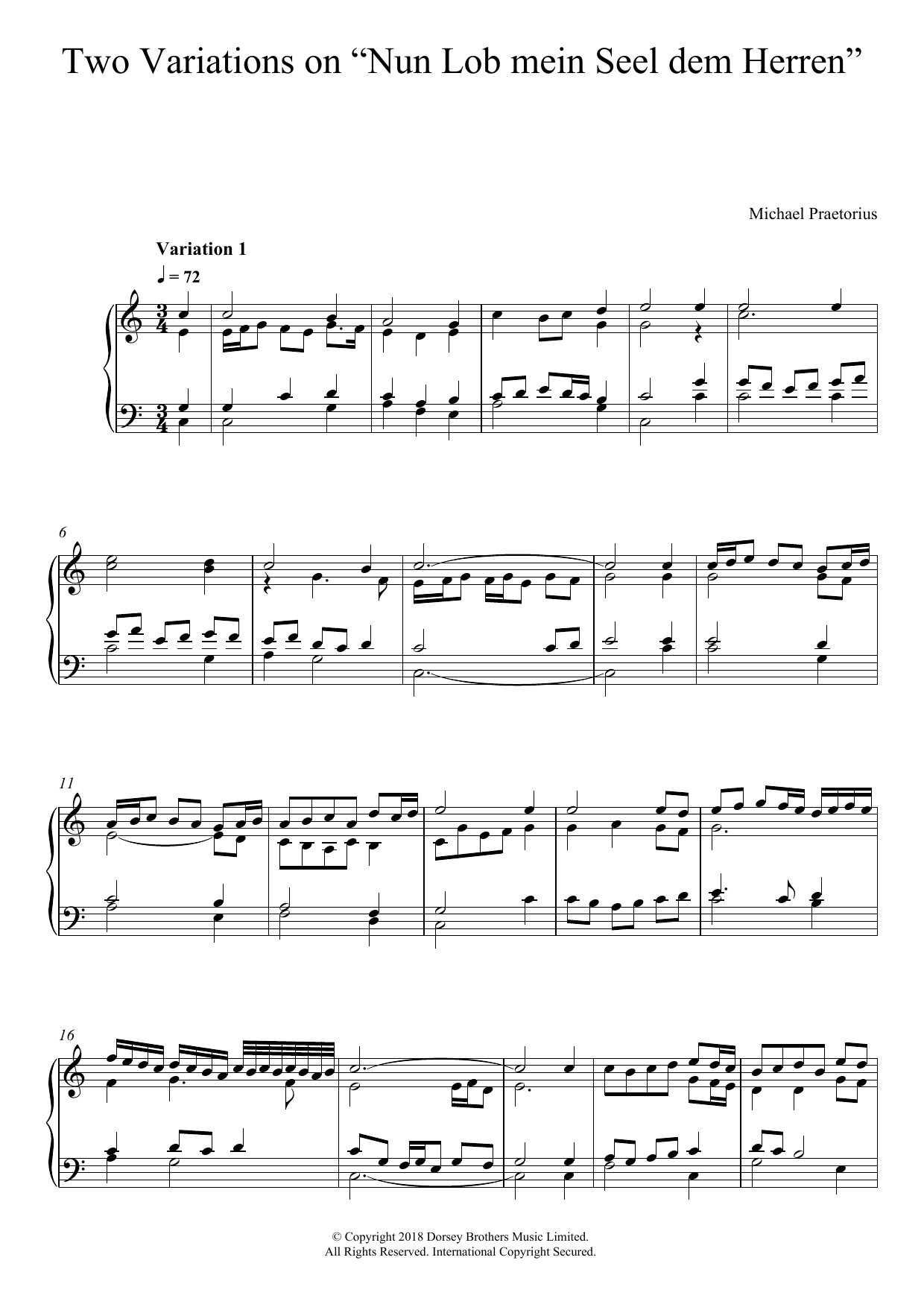 Download Michael Praetorius Two Variations On 'Nun Lob Mein Seel Dem Herren' Sheet Music and learn how to play Piano PDF digital score in minutes