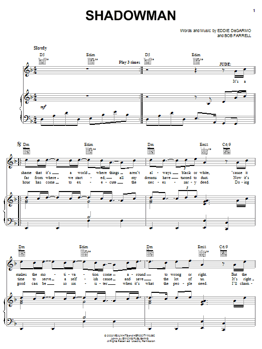 Download Michael Quinlan Shadowman Sheet Music and learn how to play Piano, Vocal & Guitar (Right-Hand Melody) PDF digital score in minutes