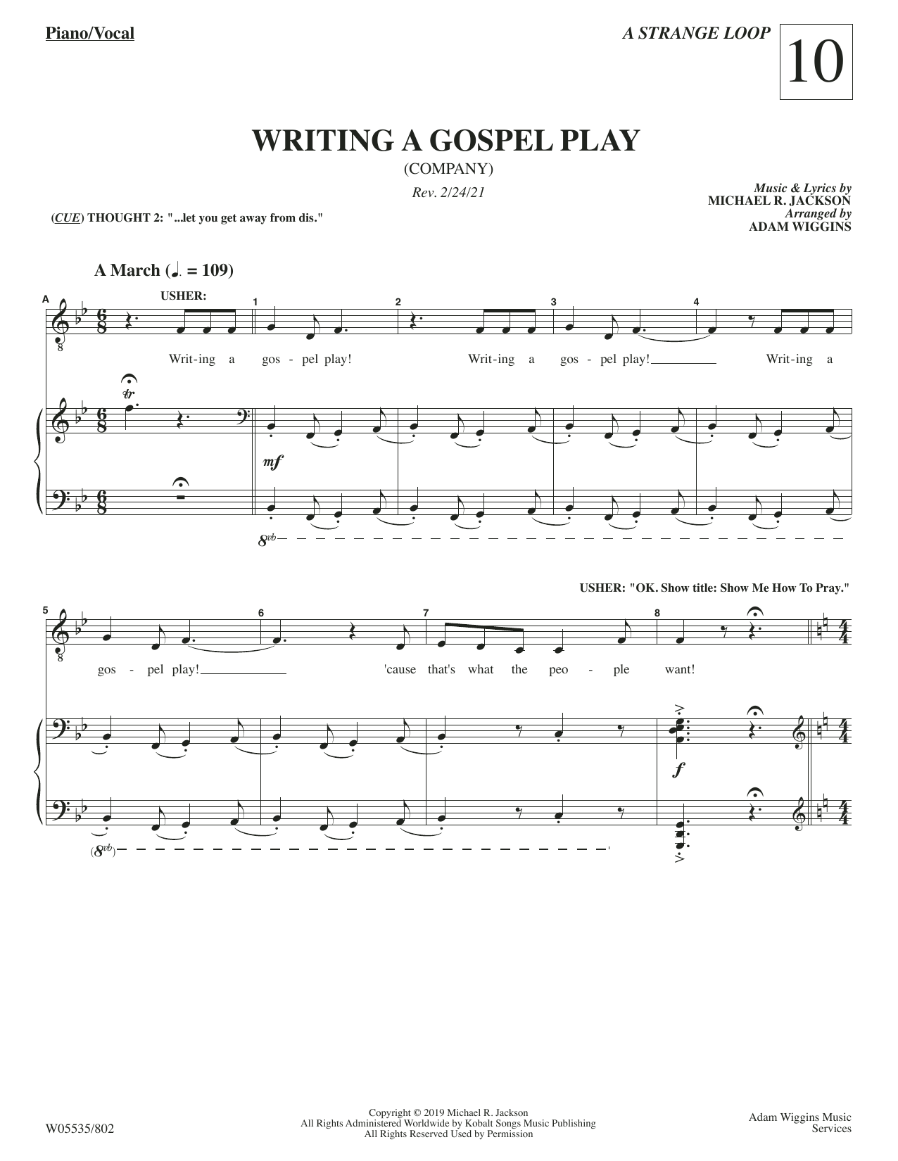 Download Michael R. Jackson Writing A Gospel Play (from A Strange Loop) Sheet Music and learn how to play Piano & Vocal PDF digital score in minutes