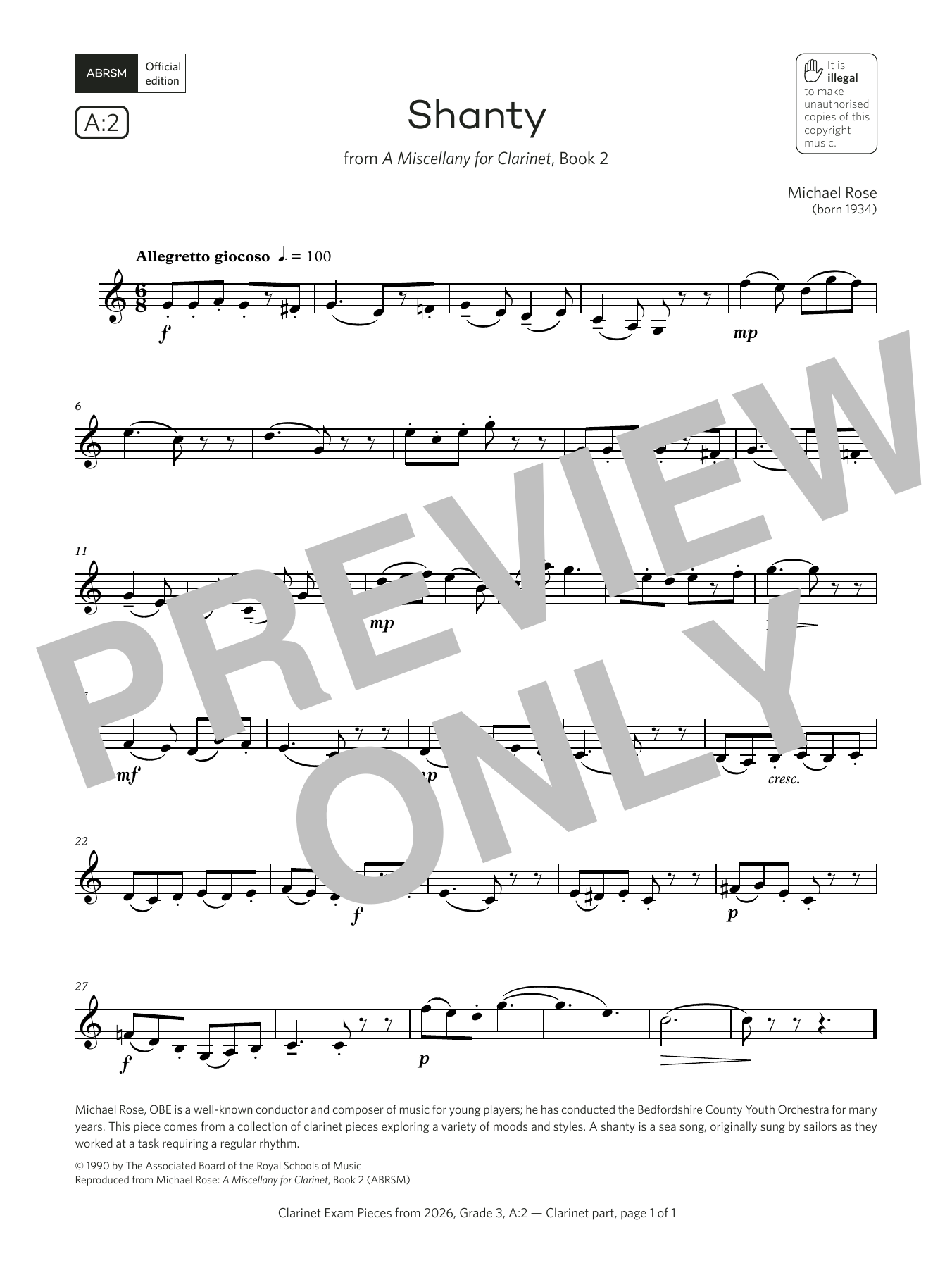 Download Michael Rose Shanty (Grade 3, list A2, from the ABRSM Clarinet Syllabus from 2026) Sheet Music and learn how to play Clarinet Solo PDF digital score in minutes