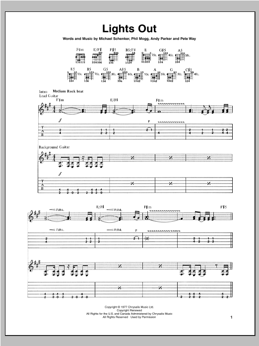 Download Michael Schenker Lights Out Sheet Music and learn how to play Guitar Tab PDF digital score in minutes