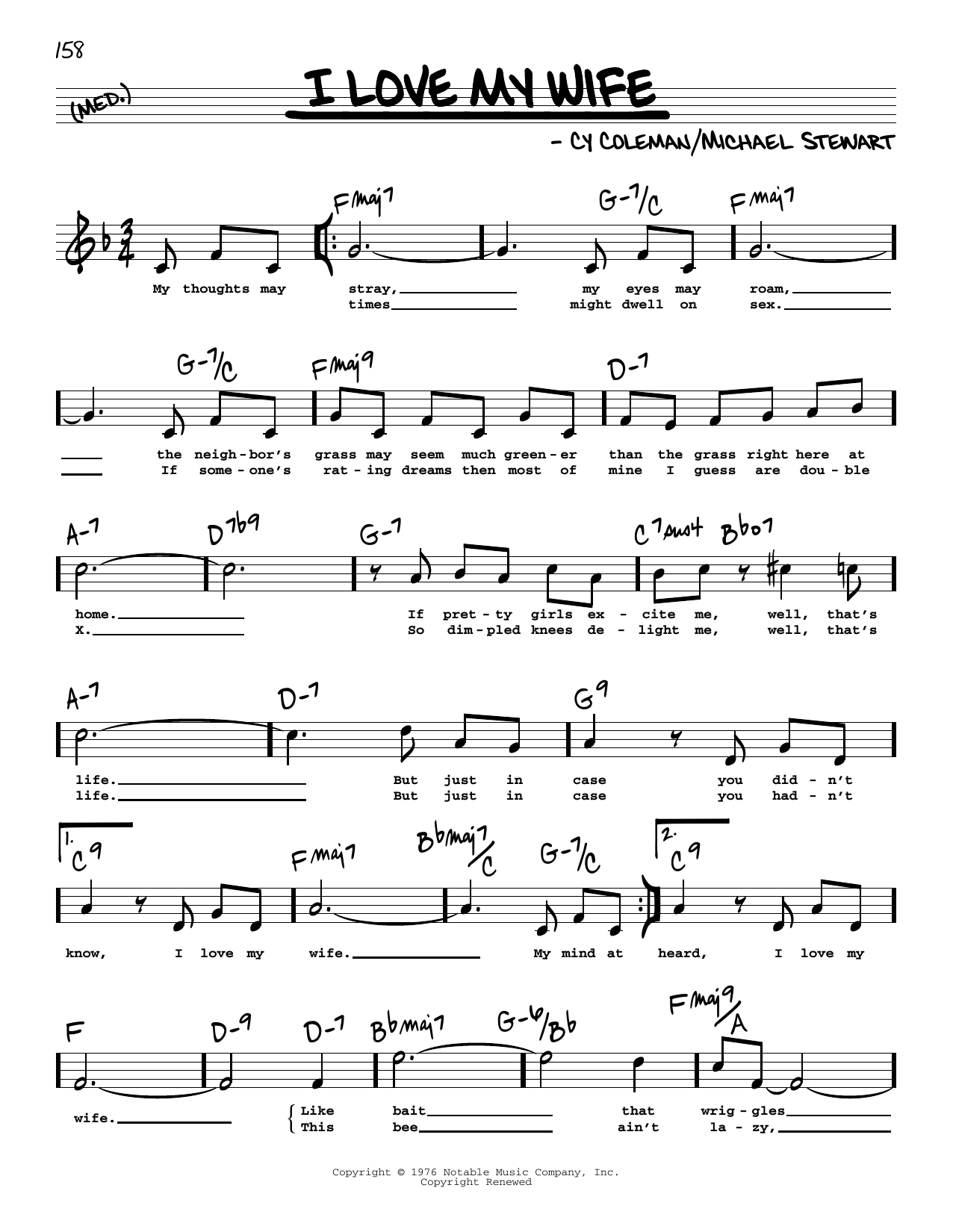 Download Michael Stewart I Love My Wife (High Voice) Sheet Music and learn how to play Real Book – Melody, Lyrics & Chords PDF digital score in minutes
