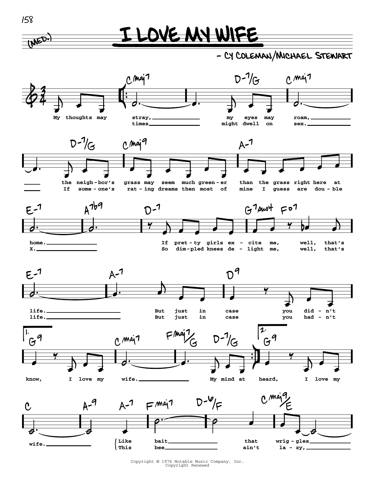 Download Michael Stewart I Love My Wife (Low Voice) Sheet Music and learn how to play Real Book – Melody, Lyrics & Chords PDF digital score in minutes