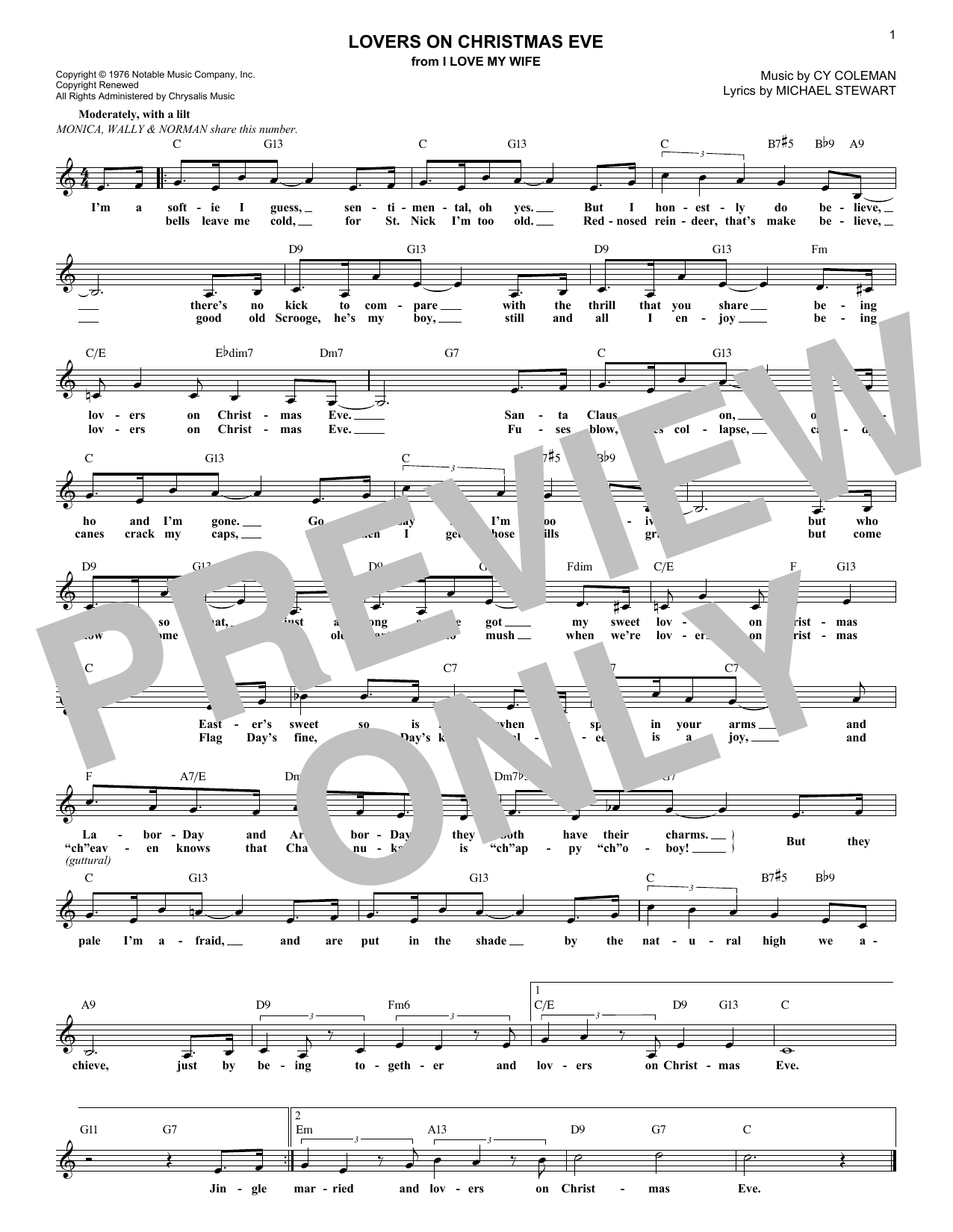 Download Cy Coleman Lovers On Christmas Eve Sheet Music and learn how to play Melody Line, Lyrics & Chords PDF digital score in minutes