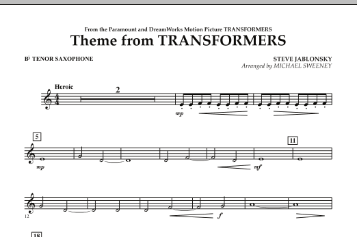 Download Michael Sweeney Theme From Transformers - Bb Tenor Saxophone Sheet Music and learn how to play Concert Band PDF digital score in minutes
