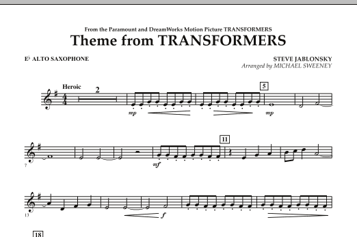 Download Michael Sweeney Theme From Transformers - Eb Alto Saxophone Sheet Music and learn how to play Concert Band PDF digital score in minutes