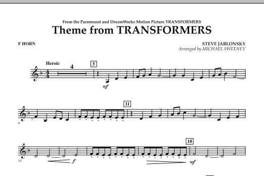 Download Michael Sweeney Theme From Transformers - F Horn Sheet Music and learn how to play Concert Band PDF digital score in minutes