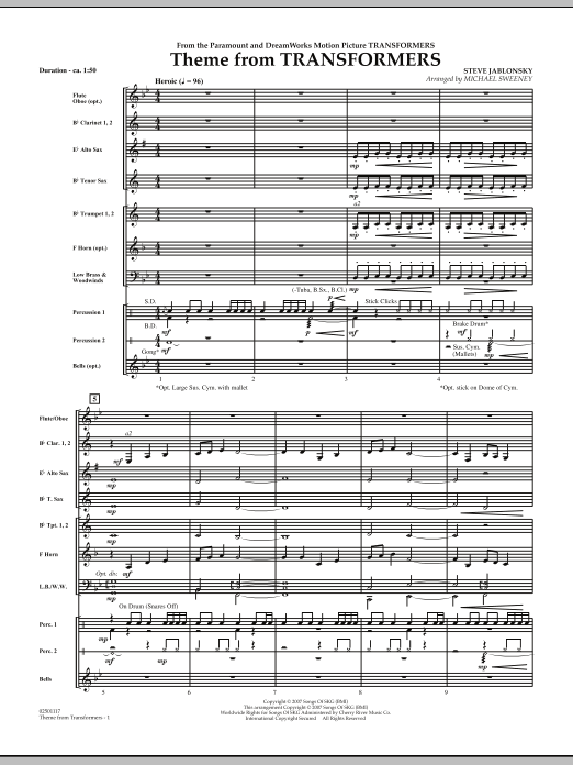Download Michael Sweeney Theme From Transformers - Full Score Sheet Music and learn how to play Concert Band PDF digital score in minutes