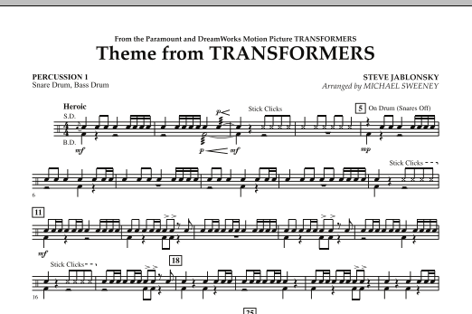 Download Michael Sweeney Theme From Transformers - Percussion 1 Sheet Music and learn how to play Concert Band PDF digital score in minutes