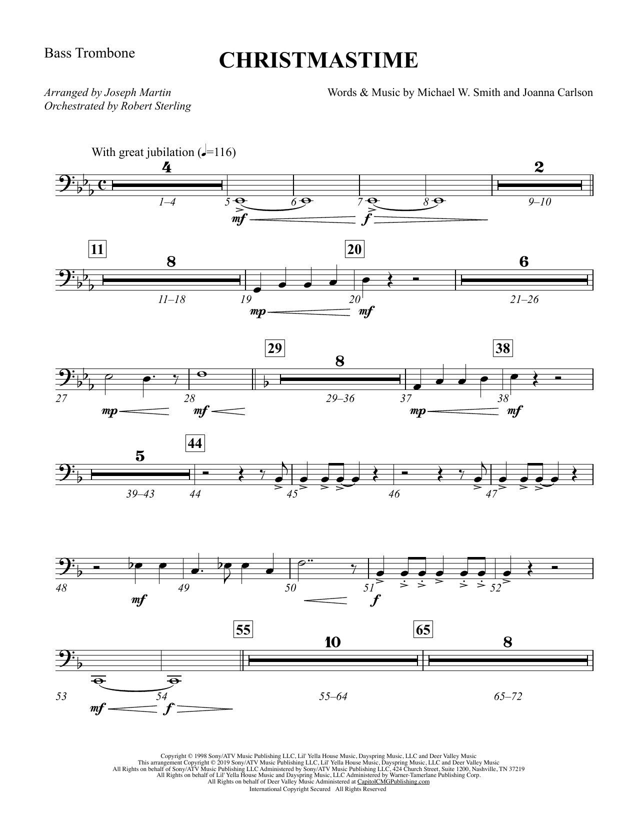 Download Michael W. Smith & Joanna Carlson Christmastime (arr. Joseph M. Martin) - Bass Trombone Sheet Music and learn how to play Choir Instrumental Pak PDF digital score in minutes