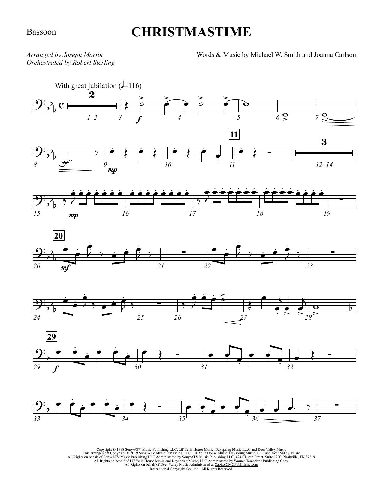 Download Michael W. Smith & Joanna Carlson Christmastime (arr. Joseph M. Martin) - Bassoon Sheet Music and learn how to play Choir Instrumental Pak PDF digital score in minutes