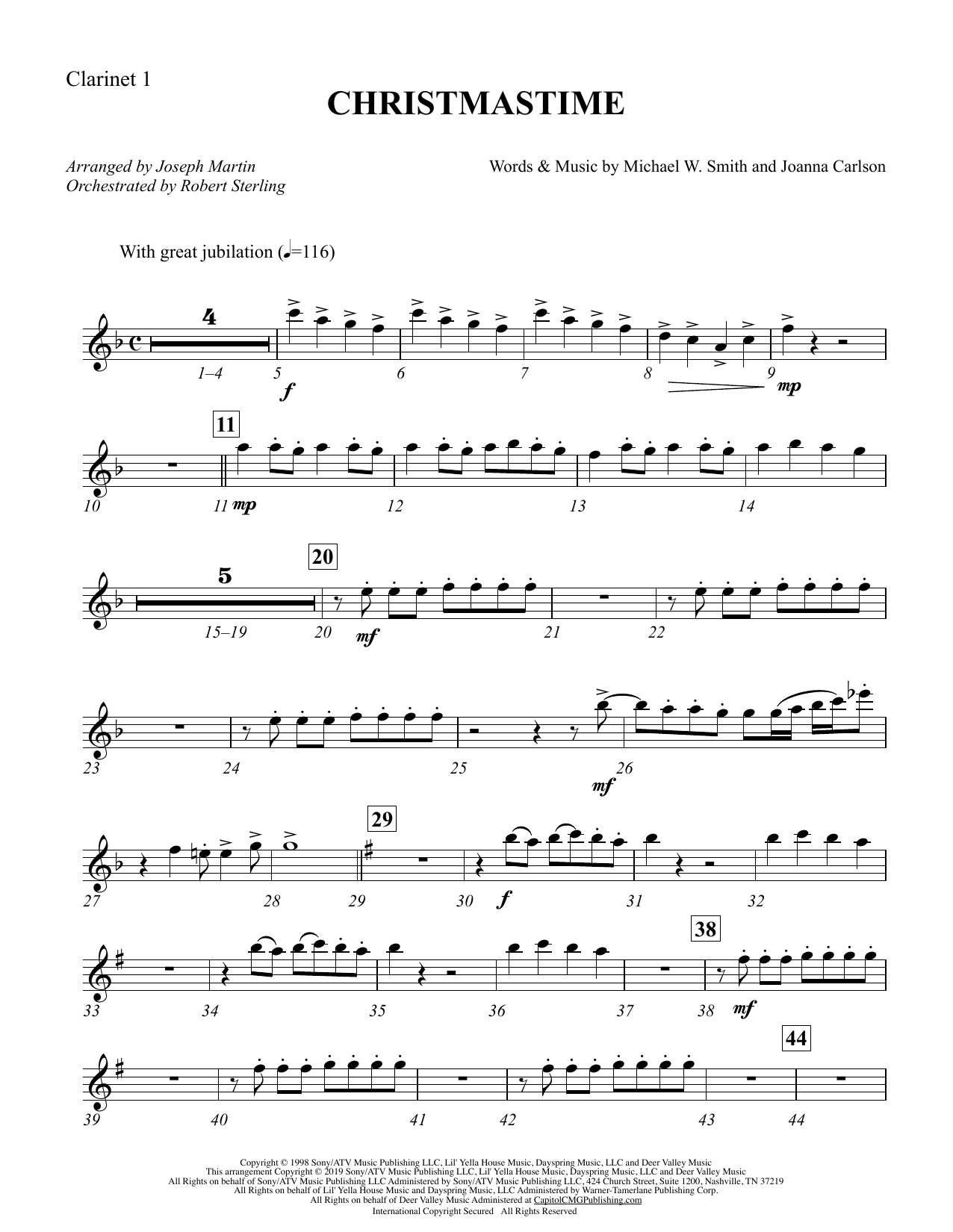 Download Michael W. Smith & Joanna Carlson Christmastime (arr. Joseph M. Martin) - Bb Clarinet 1 Sheet Music and learn how to play Choir Instrumental Pak PDF digital score in minutes