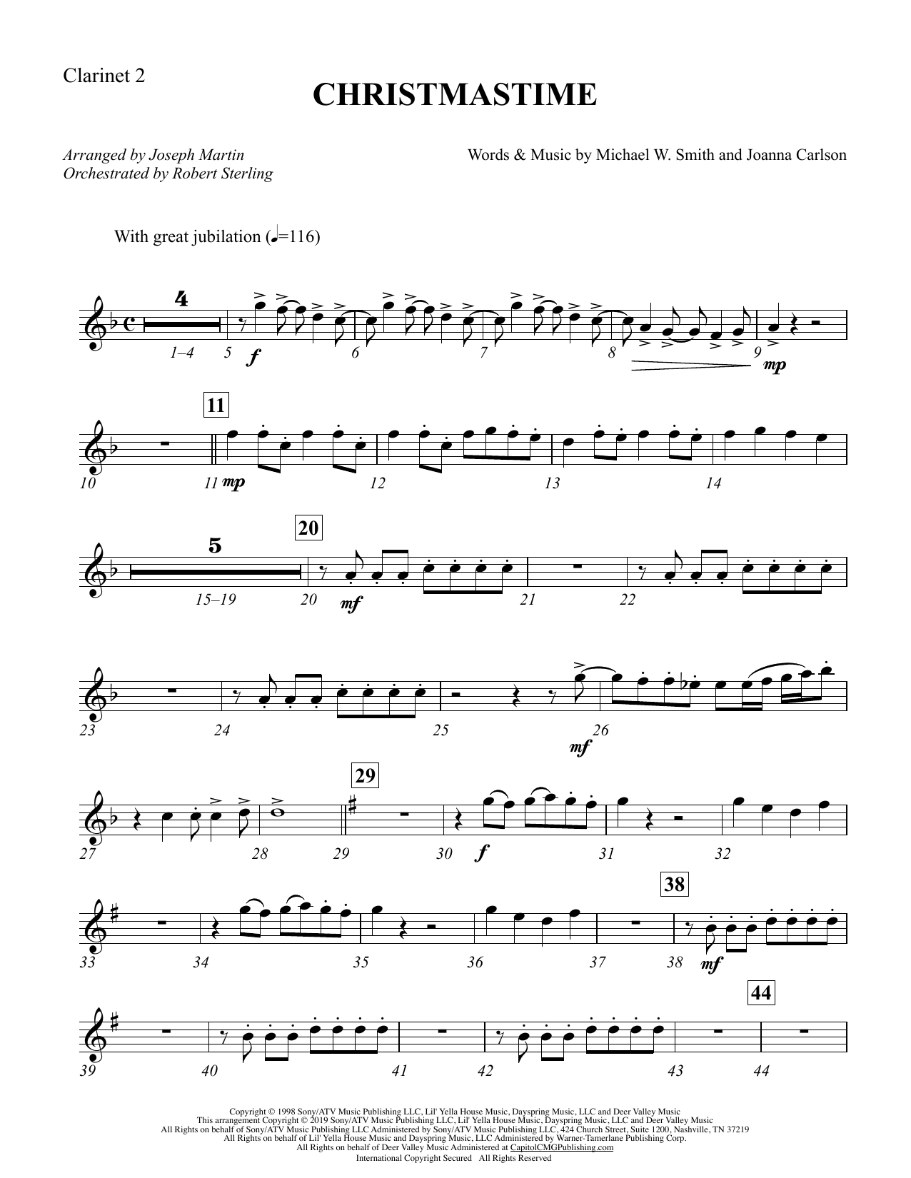 Download Michael W. Smith & Joanna Carlson Christmastime (arr. Joseph M. Martin) - Bb Clarinet 2 Sheet Music and learn how to play Choir Instrumental Pak PDF digital score in minutes