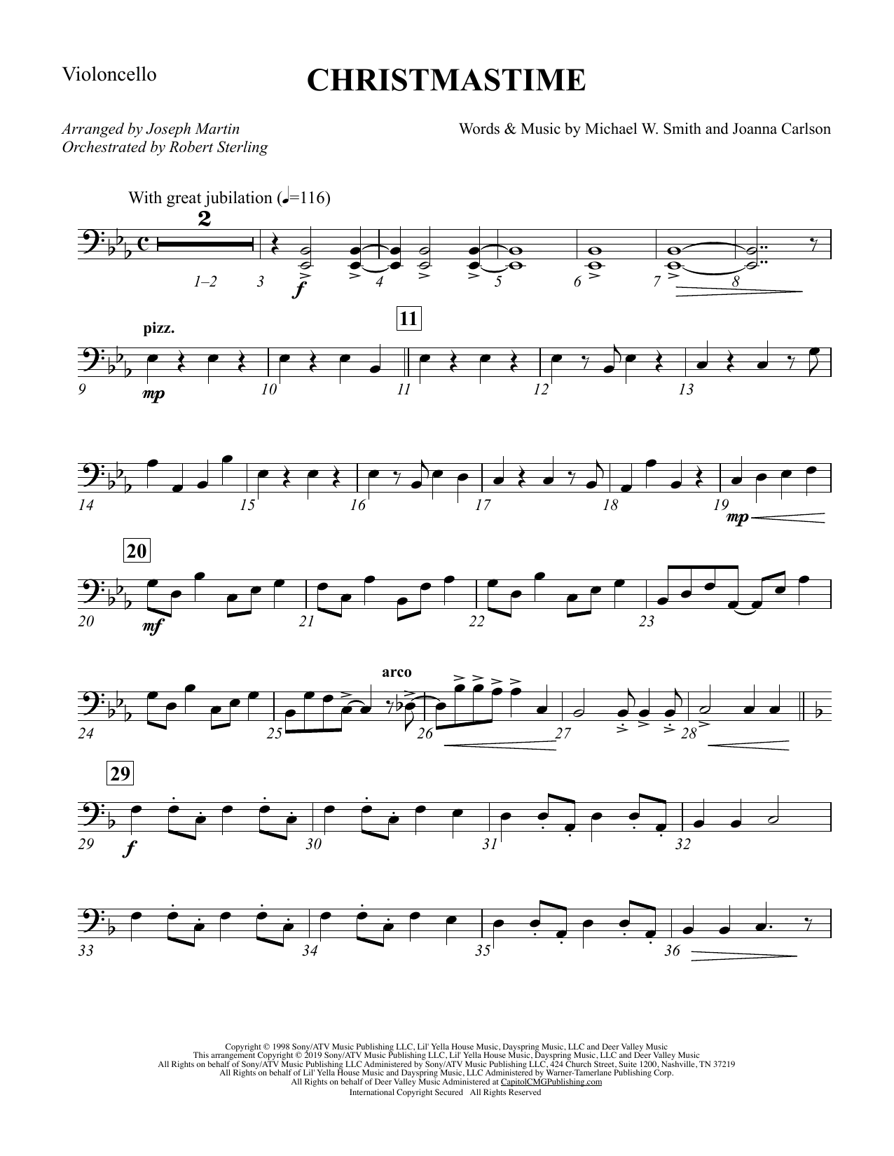 Download Michael W. Smith & Joanna Carlson Christmastime (arr. Joseph M. Martin) - Cello Sheet Music and learn how to play Choir Instrumental Pak PDF digital score in minutes
