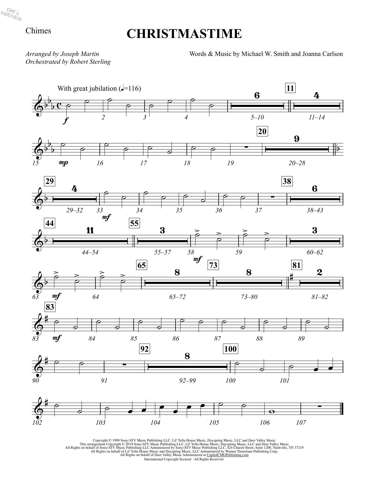 Download Michael W. Smith & Joanna Carlson Christmastime (arr. Joseph M. Martin) - Chimes Sheet Music and learn how to play Choir Instrumental Pak PDF digital score in minutes