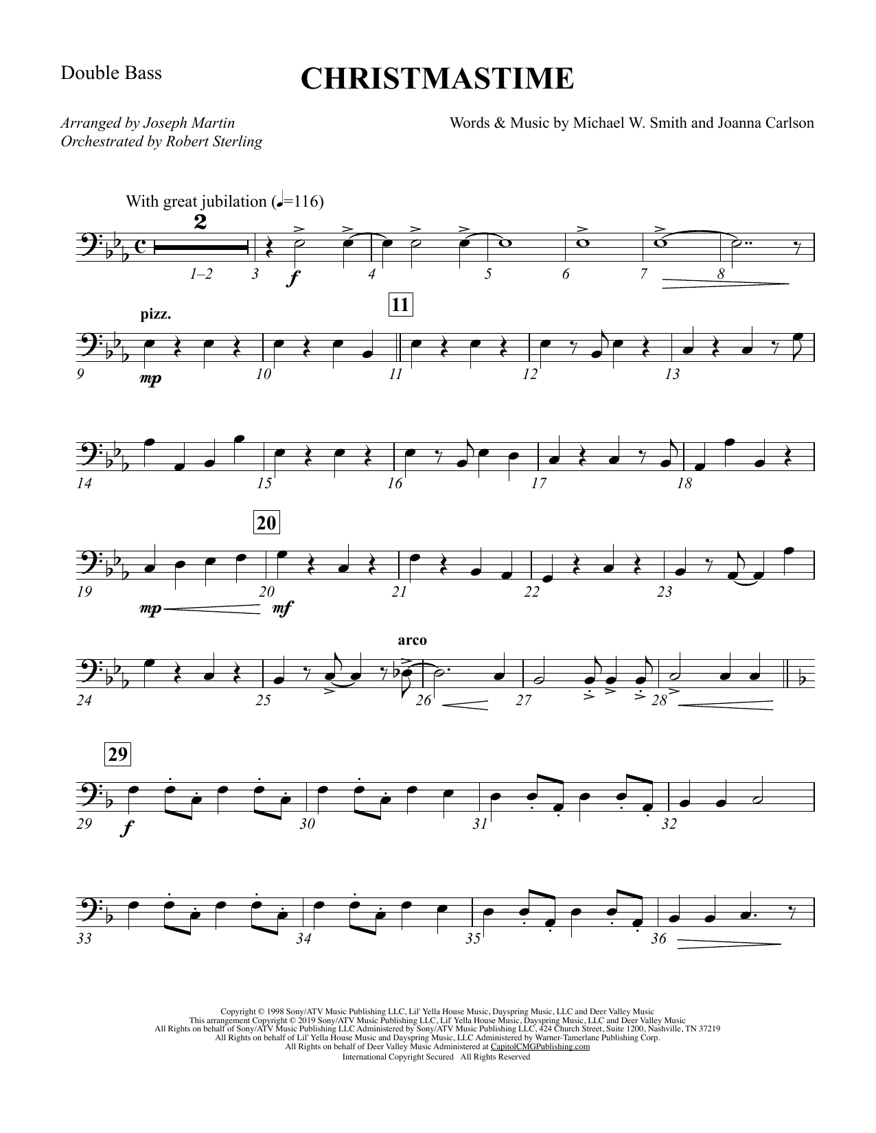 Download Michael W. Smith & Joanna Carlson Christmastime (arr. Joseph M. Martin) - Double Bass Sheet Music and learn how to play Choir Instrumental Pak PDF digital score in minutes