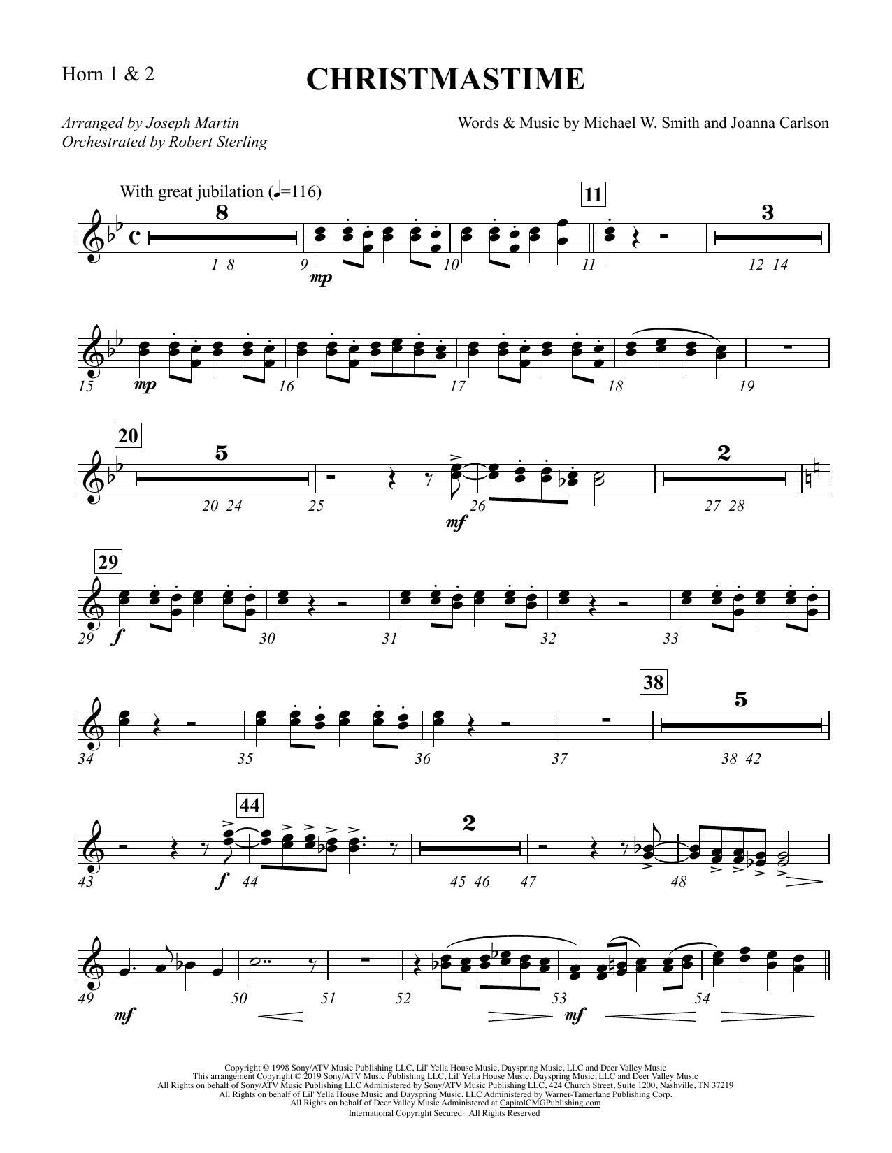 Download Michael W. Smith & Joanna Carlson Christmastime (arr. Joseph M. Martin) - F Horn 1 & 2 Sheet Music and learn how to play Choir Instrumental Pak PDF digital score in minutes