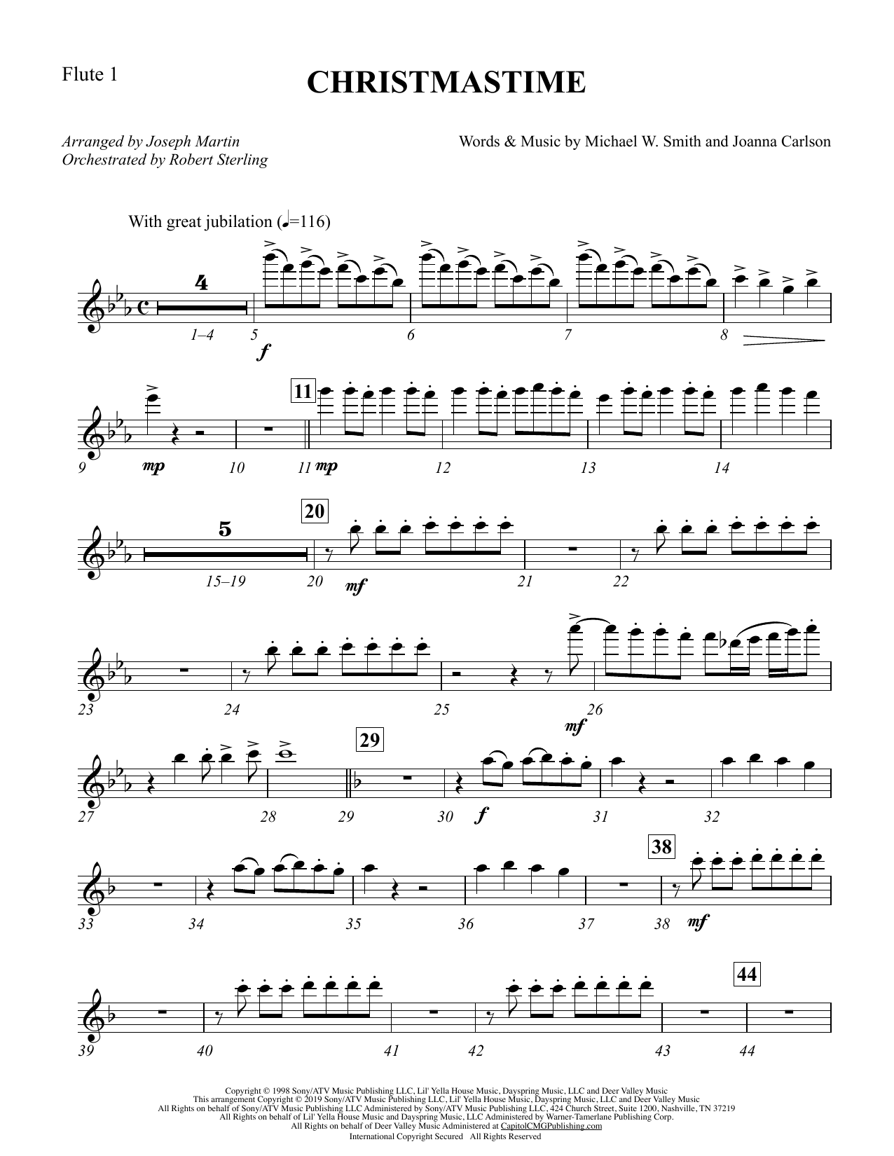 Download Michael W. Smith & Joanna Carlson Christmastime (arr. Joseph M. Martin) - Flute 1 Sheet Music and learn how to play Choir Instrumental Pak PDF digital score in minutes