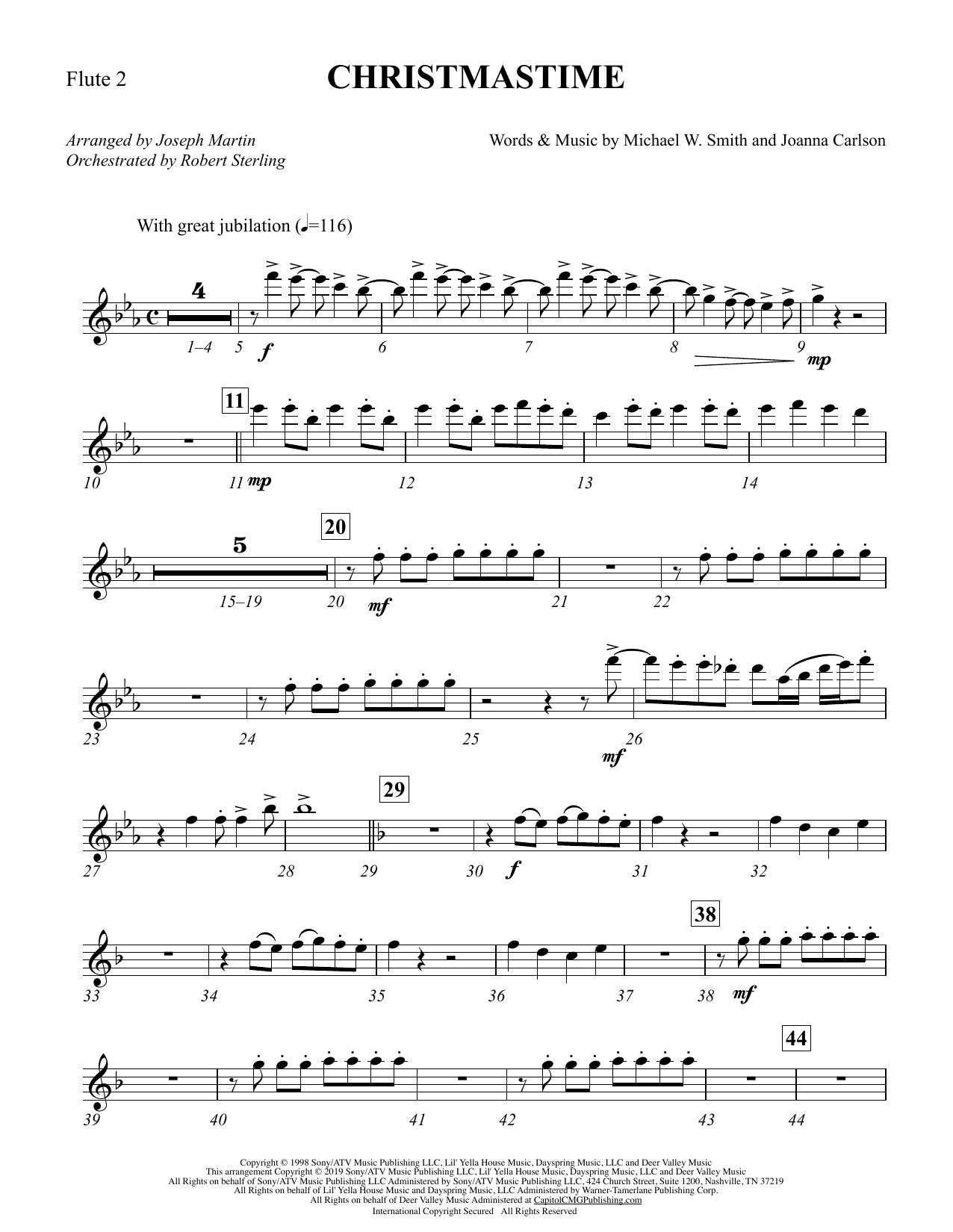 Download Michael W. Smith & Joanna Carlson Christmastime (arr. Joseph M. Martin) - Flute 2 Sheet Music and learn how to play Choir Instrumental Pak PDF digital score in minutes