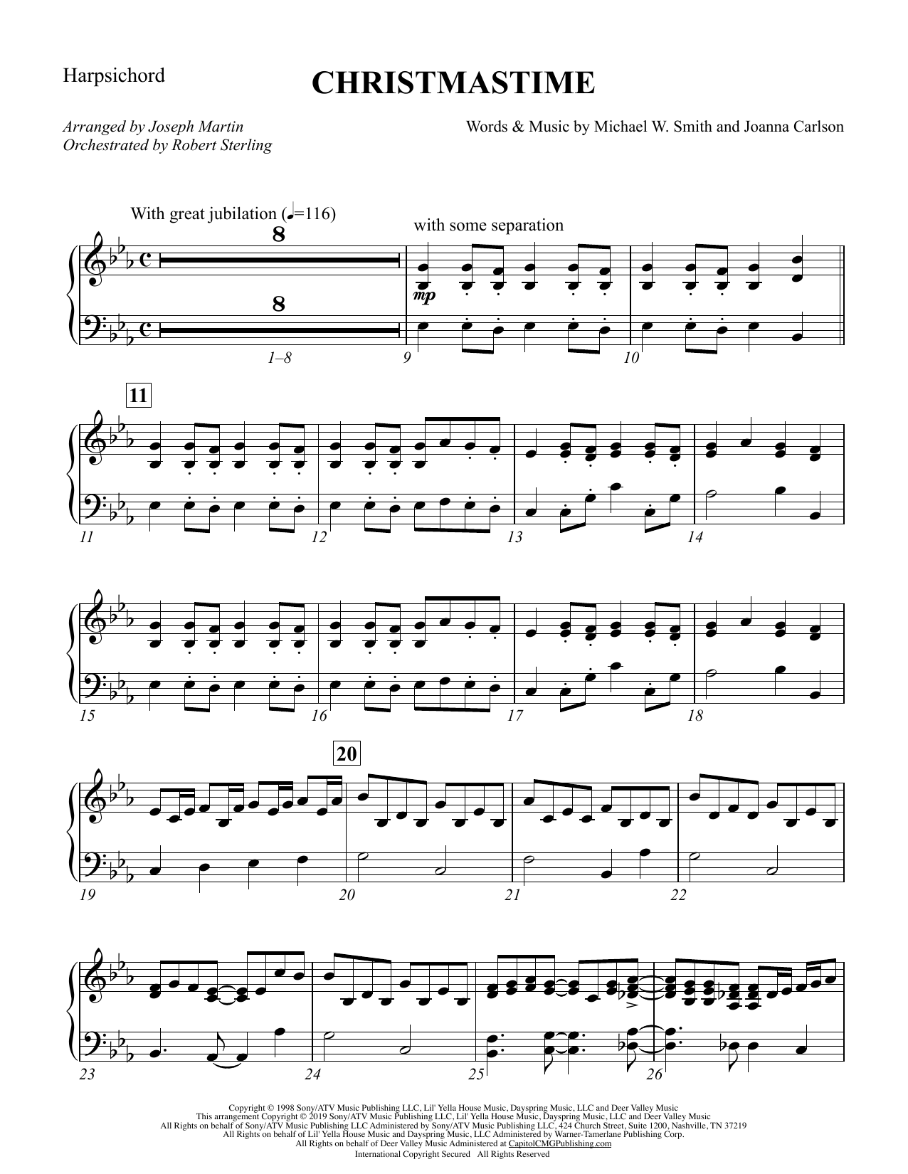 Download Michael W. Smith & Joanna Carlson Christmastime (arr. Joseph M. Martin) - Harpsichord Sheet Music and learn how to play Choir Instrumental Pak PDF digital score in minutes