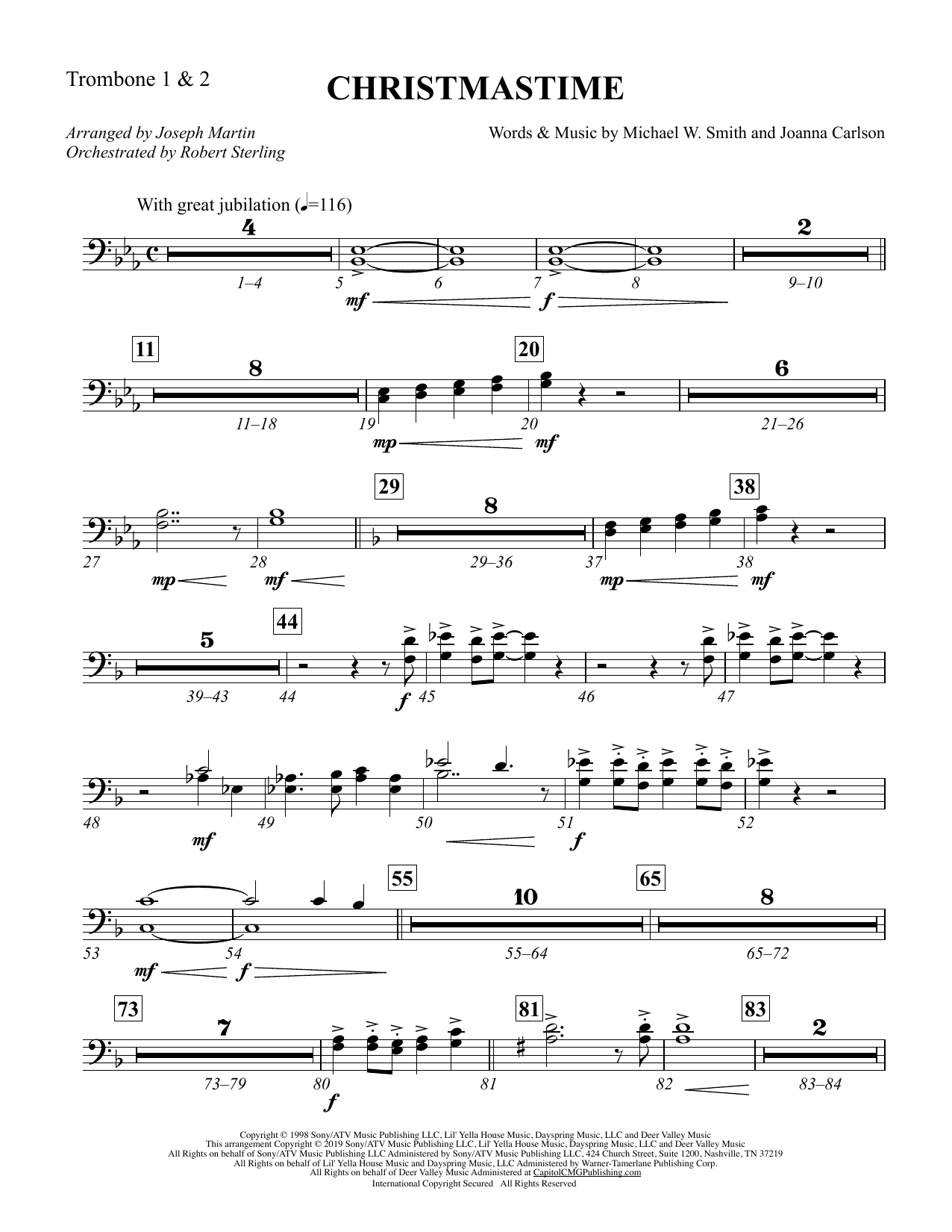 Download Michael W. Smith & Joanna Carlson Christmastime (arr. Joseph M. Martin) - Trombone 1 & 2 Sheet Music and learn how to play Choir Instrumental Pak PDF digital score in minutes