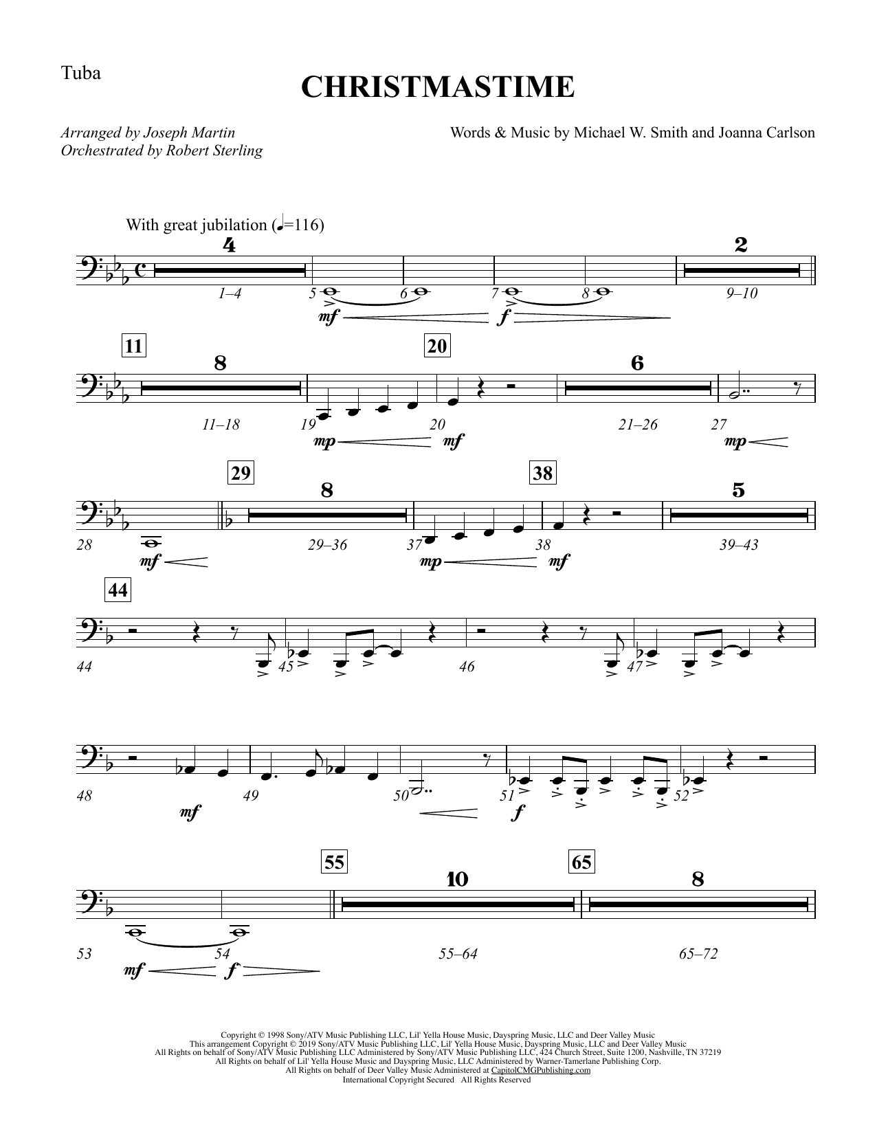 Download Michael W. Smith & Joanna Carlson Christmastime (arr. Joseph M. Martin) - Tuba Sheet Music and learn how to play Choir Instrumental Pak PDF digital score in minutes