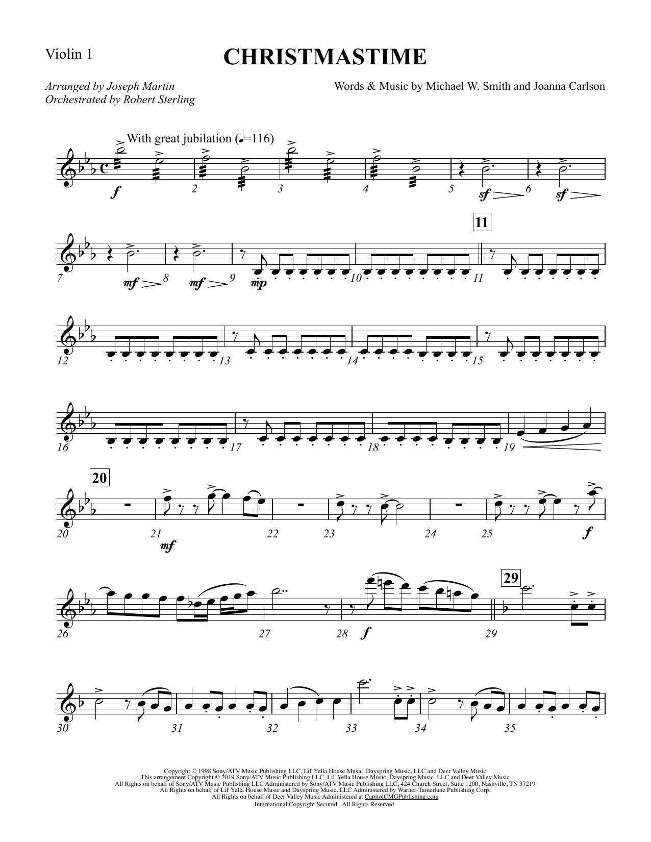 Download Michael W. Smith & Joanna Carlson Christmastime (arr. Joseph M. Martin) - Violin 1 Sheet Music and learn how to play Choir Instrumental Pak PDF digital score in minutes