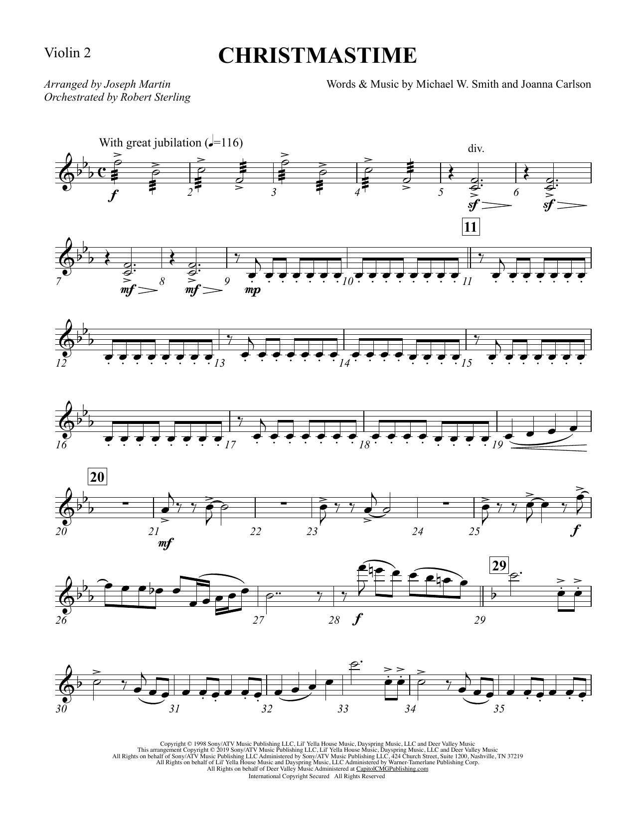 Download Michael W. Smith & Joanna Carlson Christmastime (arr. Joseph M. Martin) - Violin 2 Sheet Music and learn how to play Choir Instrumental Pak PDF digital score in minutes