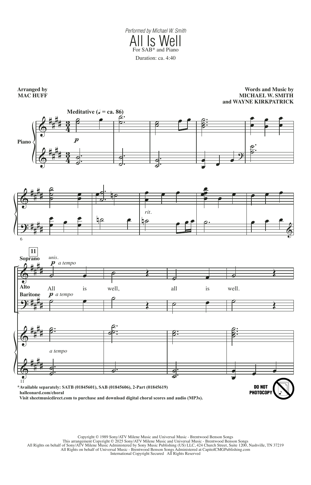 Download Michael W. Smith All Is Well (arr. Mac Huff) Sheet Music and learn how to play 2-Part Choir PDF digital score in minutes
